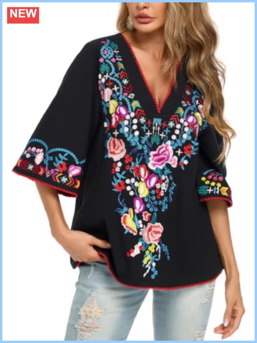 Women's Peasant Blouse Mexican Embroidered Boho Tunic Top 3/4 Sleeve